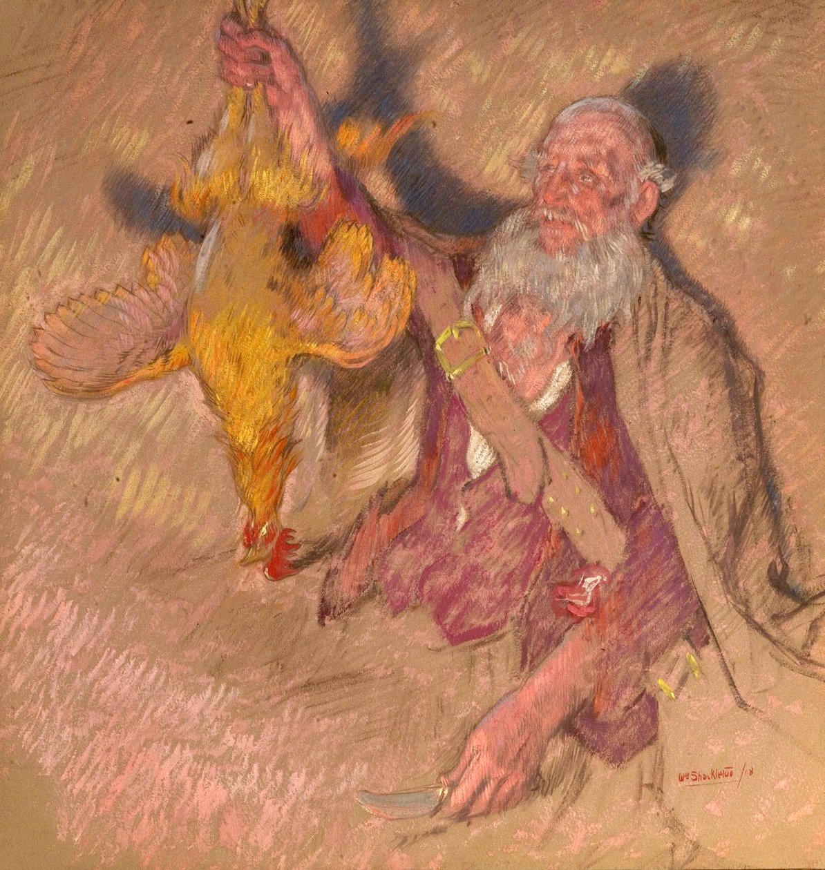 Tanulmány egy kakasát tartó férfiról, 1918 (olaj, papír) alkotó: William Shackleton