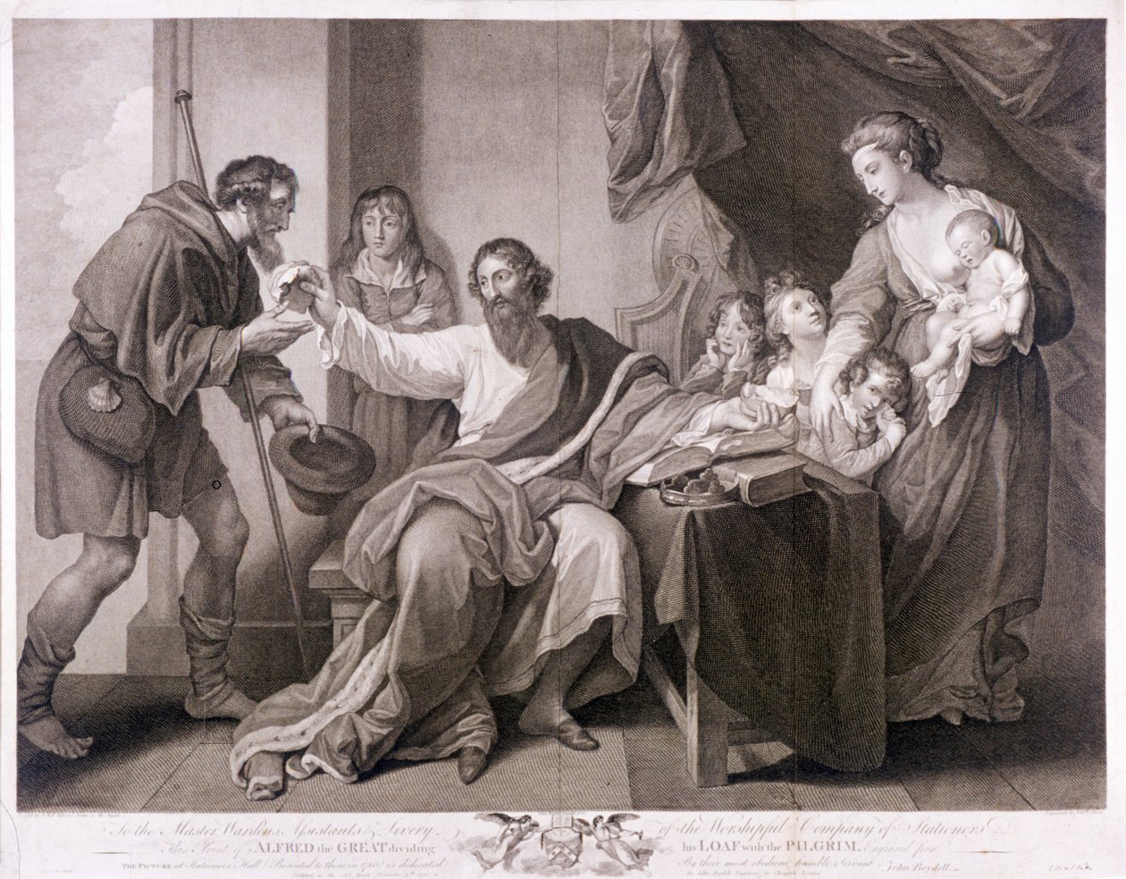 Nagy Alfréd felosztja a kenyeret a zarándokokkal, 1782 alkotó: William Sharpe