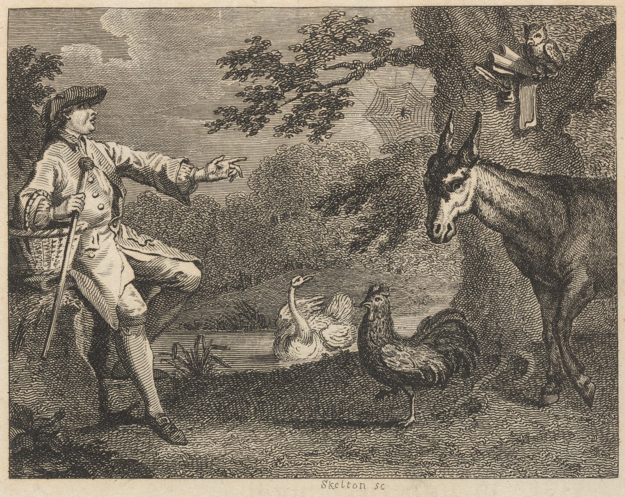A bagoly, a hattyú, a kakas, a pók, a szamár és a gazda alkotó: William Skelton