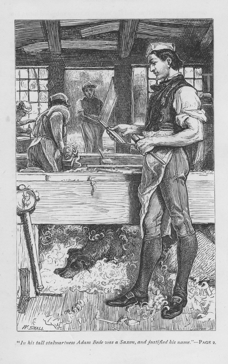 Bede Ádám, a falu asztalosa a műhelyben, kutyája Gyp egy forgácskupacon a pad alatt. Adam Bede, George Eliot, először megjelent 1859-ben. Illusztráció: William Small (1843-1929) egy 1885-ben megjelent kiadásból. alkotó: William Small
