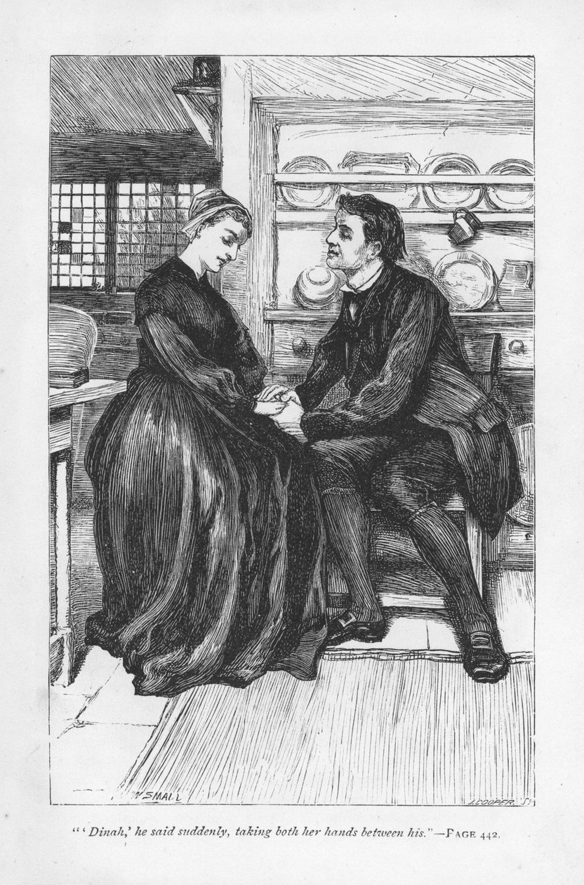 A történet megpróbáltatásai és megpróbáltatásai után Adam Bede kinyilvánítja szerelmét Dinah Morrisnak, a metodista prédikátornak. Adam Bede, George Eliot, először megjelent 1859-ben. Illusztráció: William Small (1843-1929) egy 1885-ben megjelent kiadásból alkotó: William Small