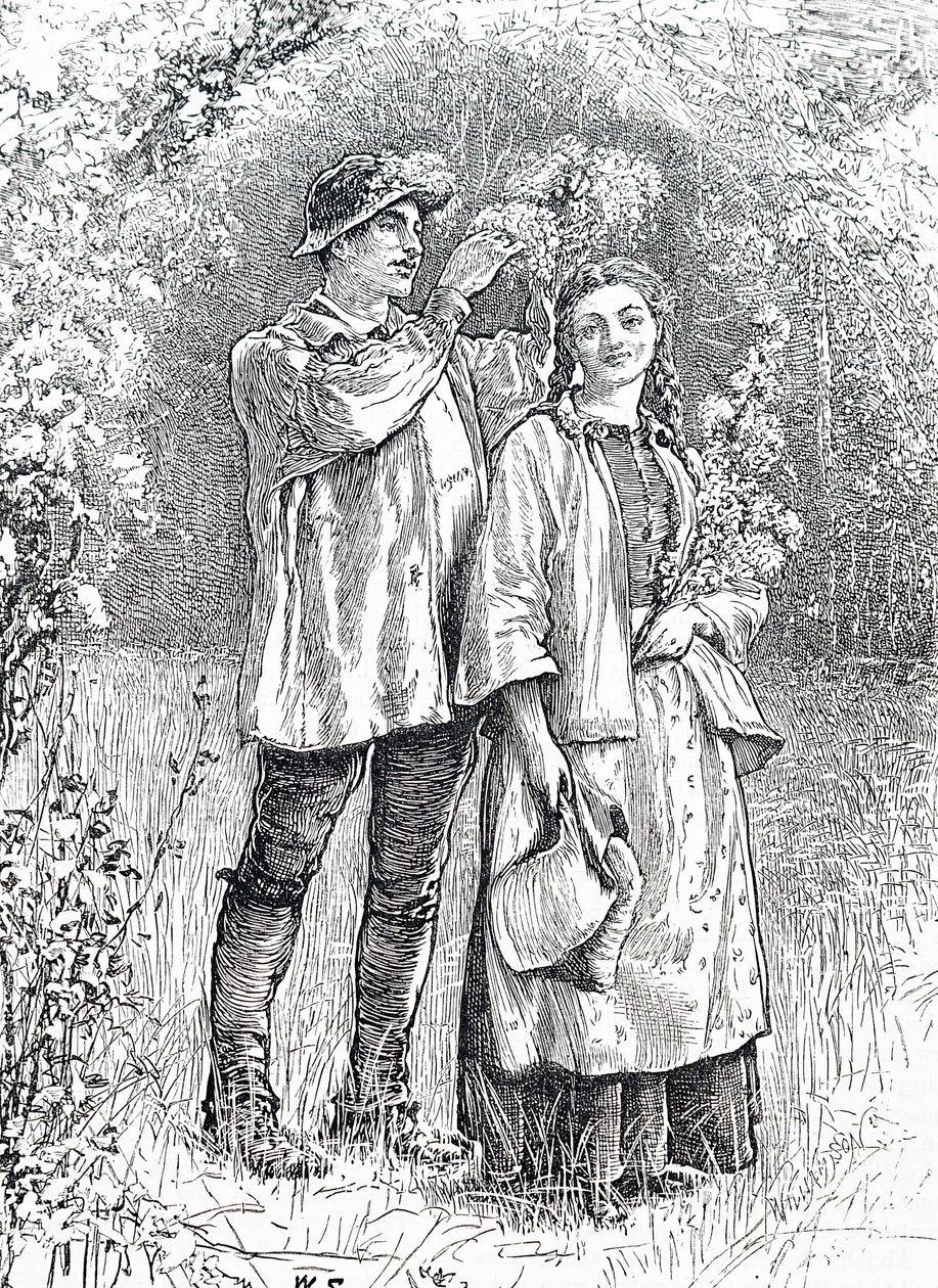 A májusi királynőt kedvese galagonya koszorúval koronázza meg. Szerző: William Small (1843-1929) angol illusztrátor alkotó: William Small