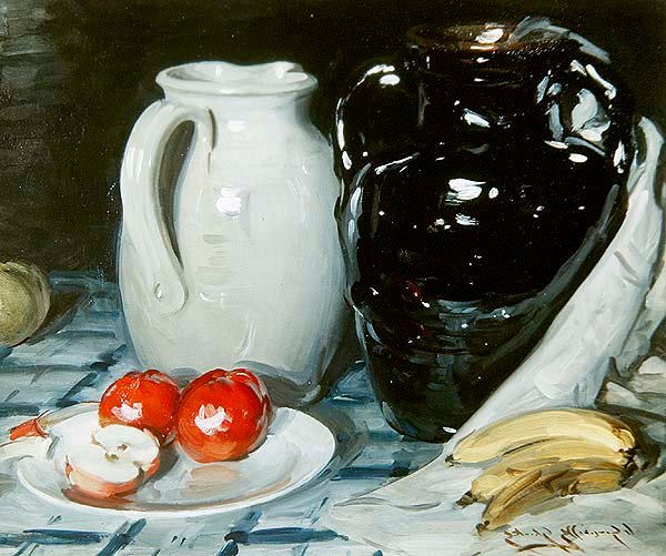 Csendélet almával és banánnal, valamint egy nagy kancsóval és vázával (olaj a fedélzeten) alkotó: William Somerville Shanks