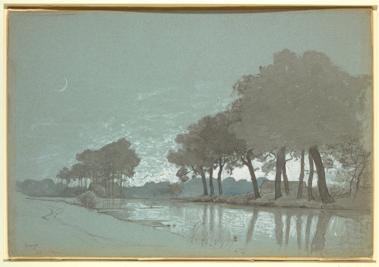 Rajz, Brugge melletti csatornajelenet, Belgium, 1875-80 alkotó: William Stanley Haseltine