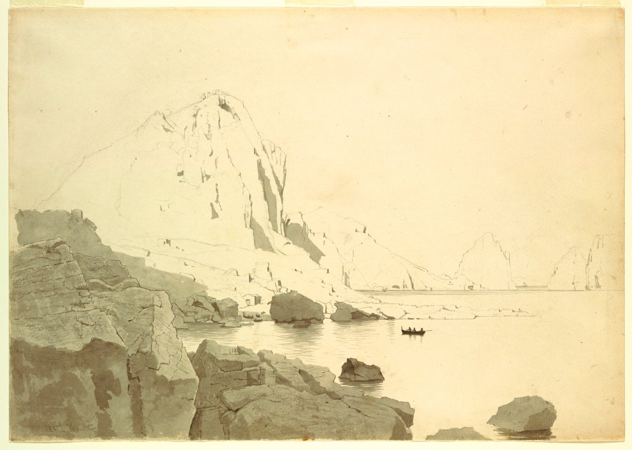 Rajz, Capri, Olaszország, a déli part és a Faraglione látványa, 1865 körül. alkotó: William Stanley Haseltine