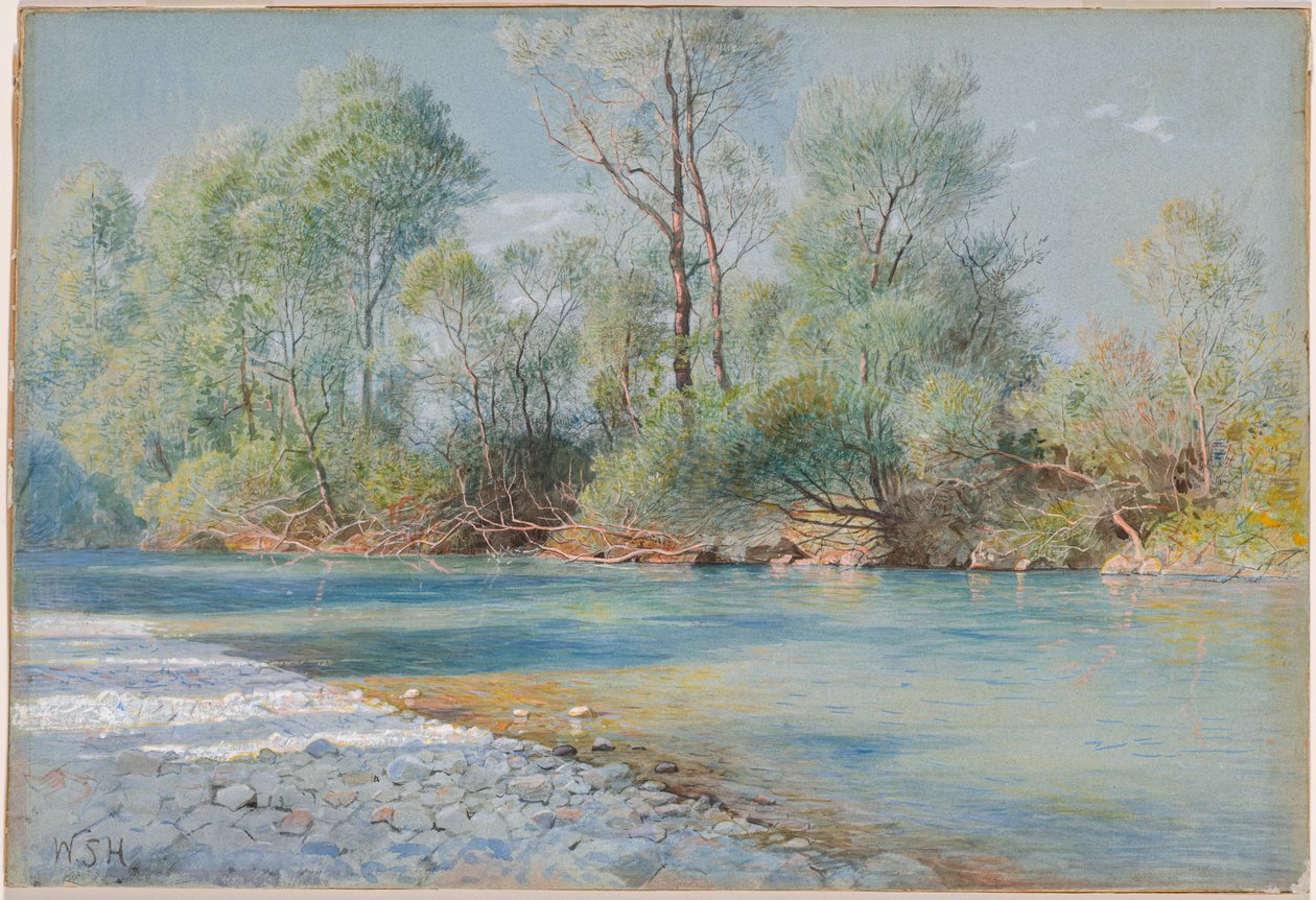 Traunstein folyó az Empfig felé vezető úton, Bajorország, 1893-96 körül (akvarell és gouache kék papírra) alkotó: William Stanley Haseltine