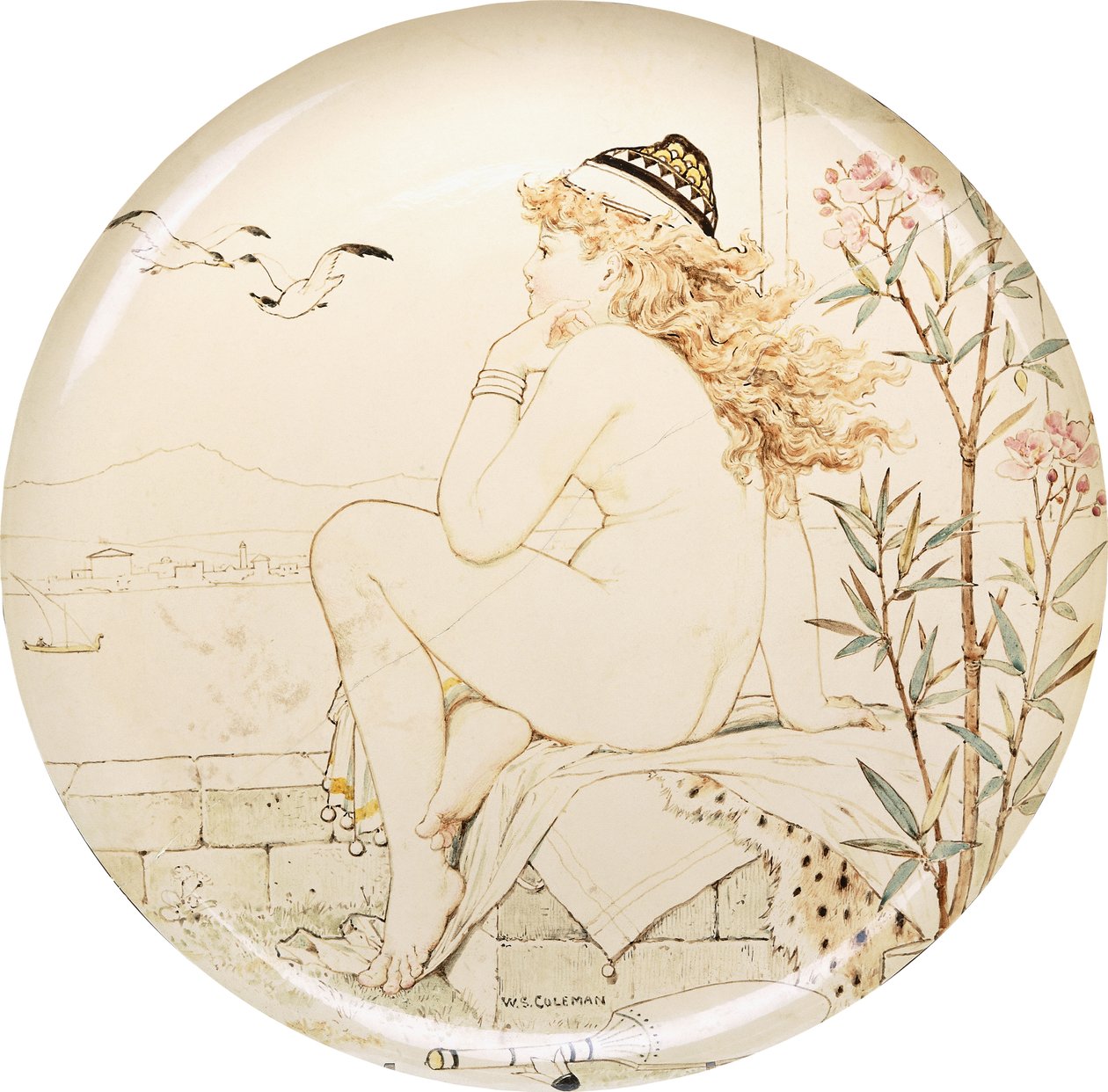 Egy Minton Art Pottery Studio töltő, tengerre meredő akttal festve, 19. század alkotó: William Stephen Coleman