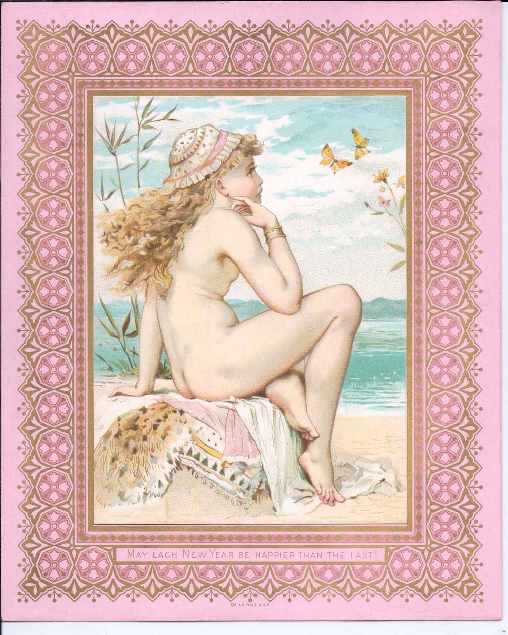 Viktoriánus újévi kártya egy strandon fürdőző szépségről, 1881 körül alkotó: William Stephen Coleman