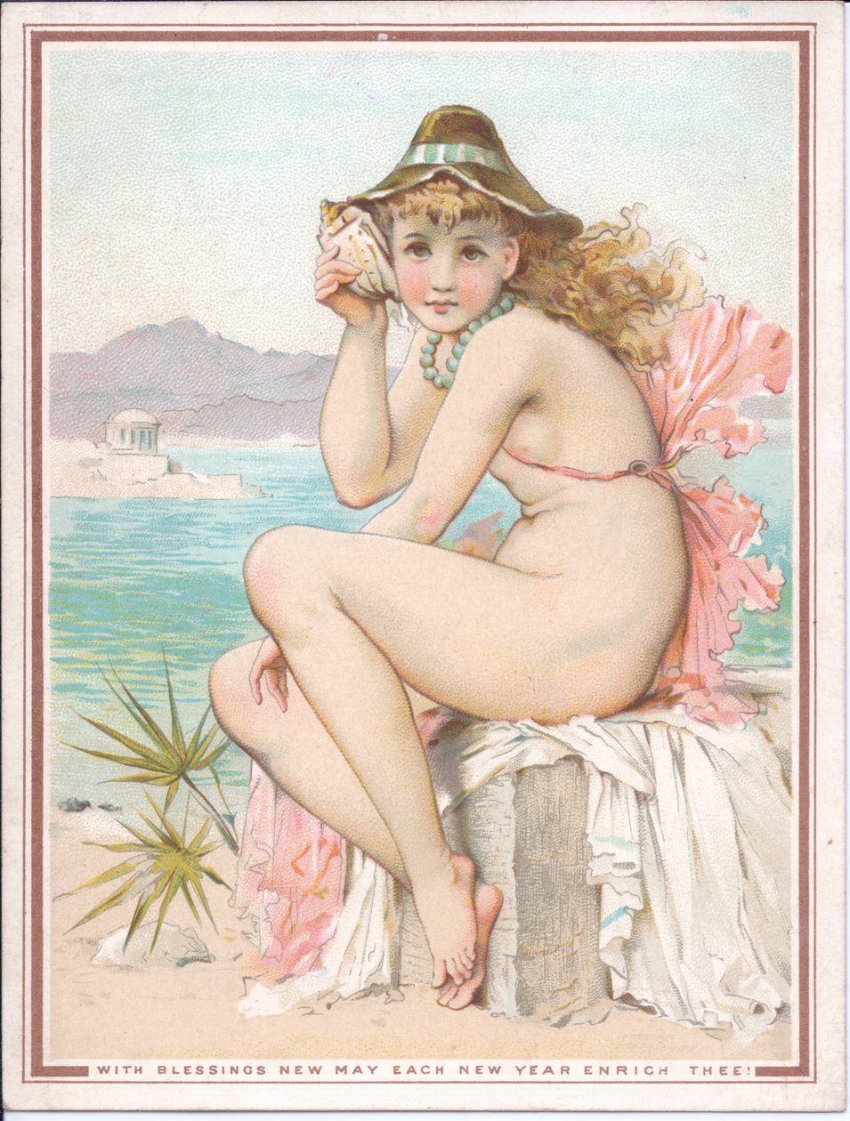 Viktoriánus újévi kártya egy strandon fürdőző szépségről, aki kagylót tart a füléhez, 1881 körül alkotó: William Stephen Coleman