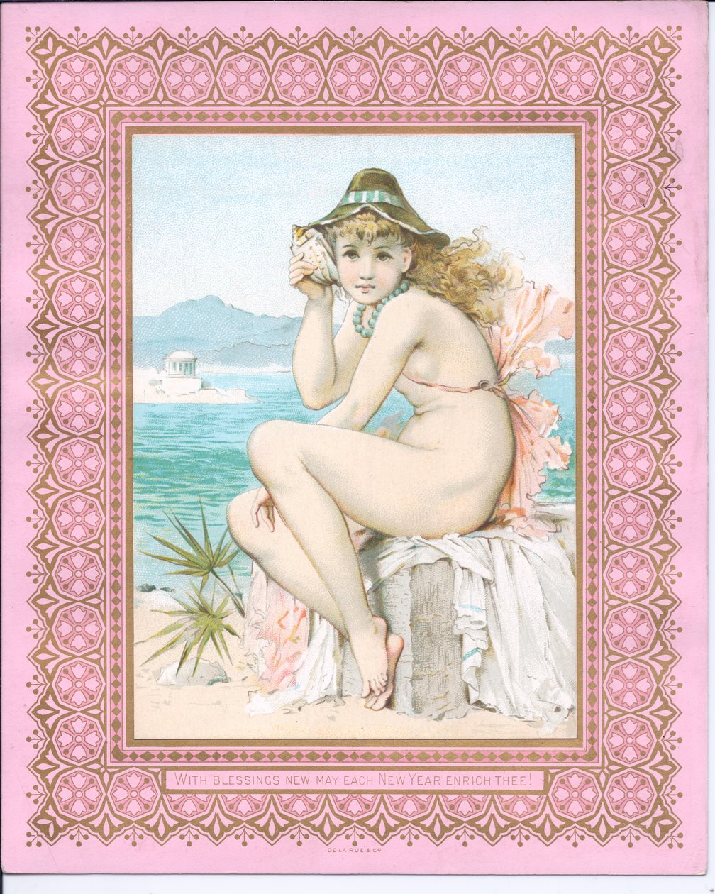 Viktoriánus újévi kártya egy strandon fürdőző szépségről, aki kagylót tart a füléhez, 1881 körül alkotó: William Stephen Coleman