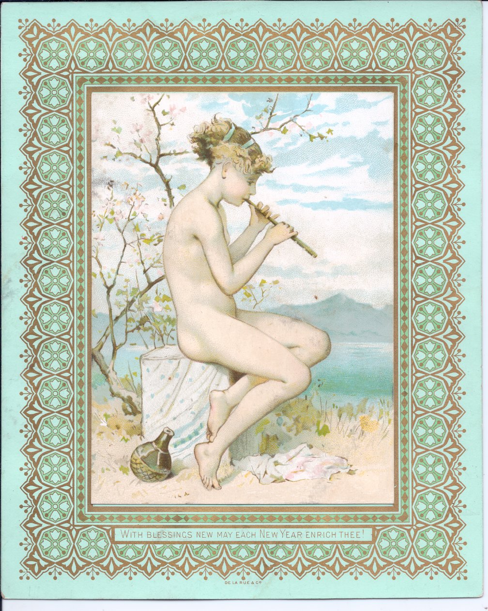 Viktoriánus újévi kártya egy strandon fürdőző szépségről, aki furulyázik, 1881 körül alkotó: William Stephen Coleman