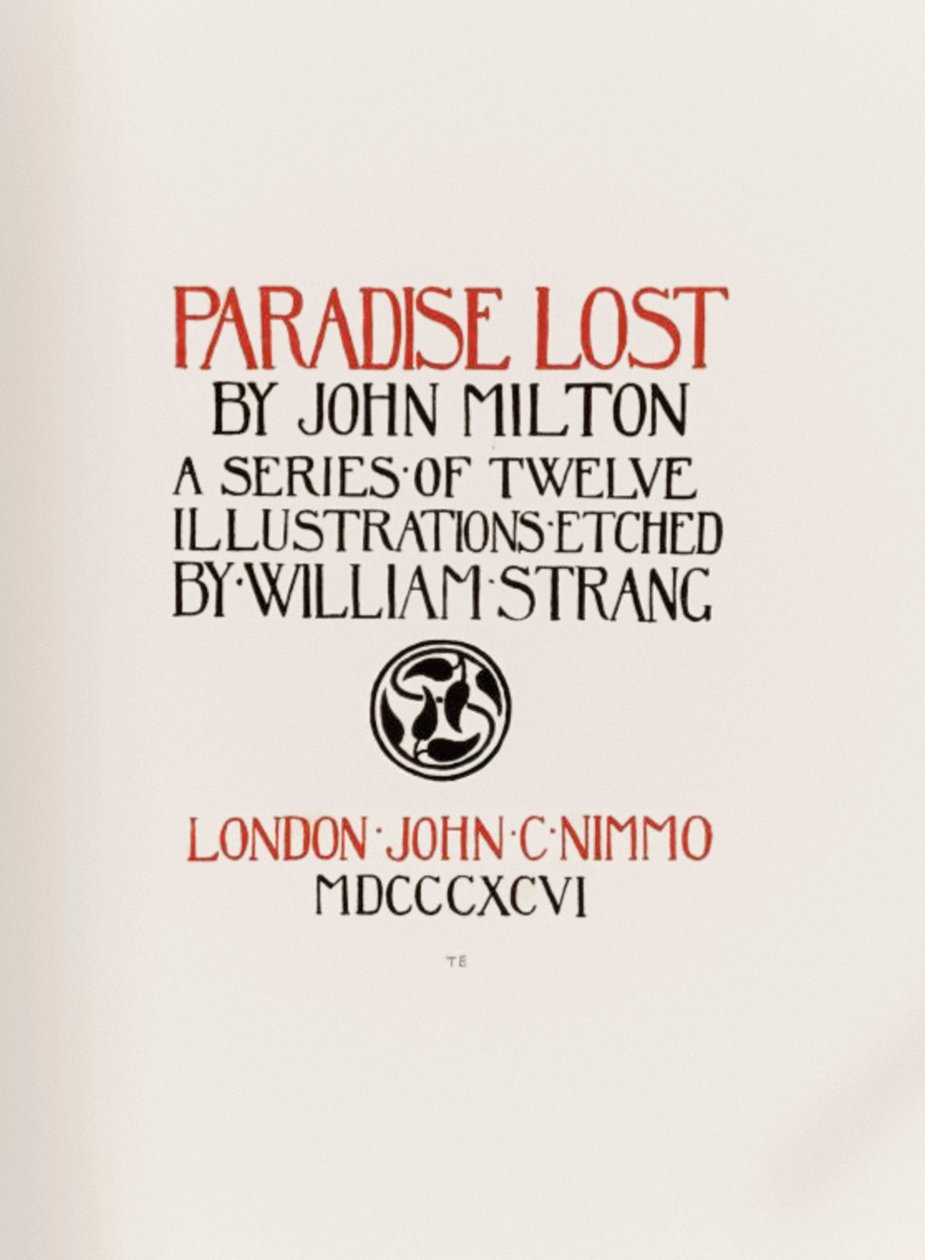 Magasnyomás címlapja John Milton (1608-1674) „Elveszett paradicsomából” egy 12 illusztrációból álló sorozat, amelyet William Strang (1859-1921) metszett alkotó: William Strang