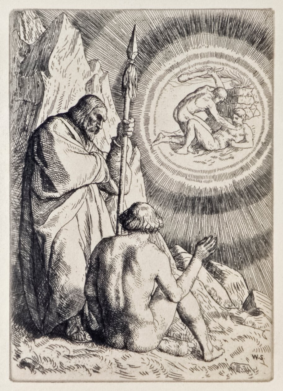 Michael egy látomást állít Ádám elé az Elveszett paradicsomból, John Milton (1608-1674) egy 12 illusztrációból álló sorozatot, amelyet William Strang (1859-1921) metszett. alkotó: William Strang