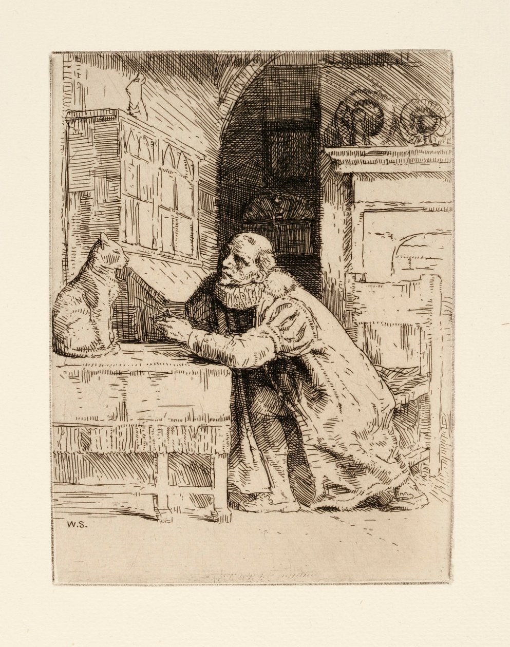 Montaigne és a macska. Izaak Walton és Charles Cotton illusztrációja a The Compleat Agler című könyvből. alkotó: William Strang