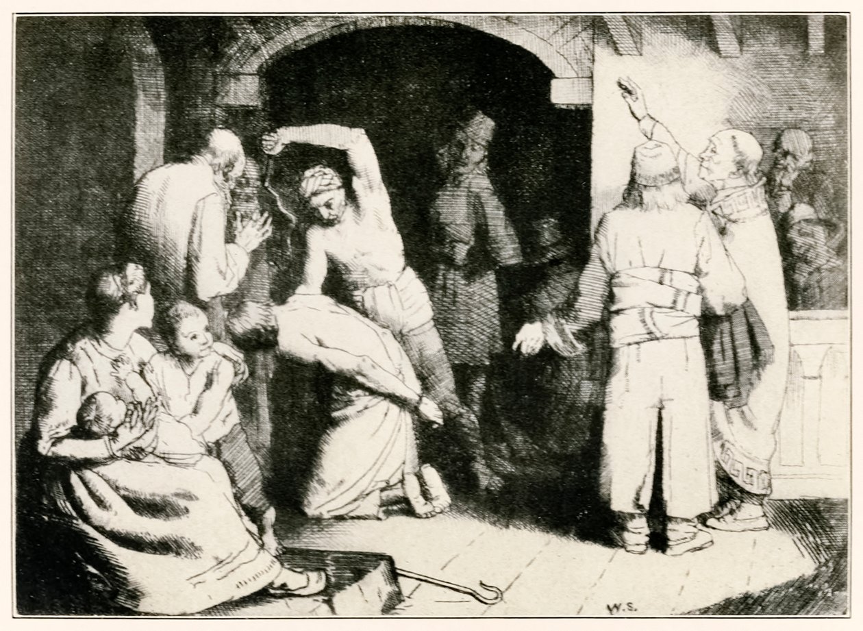 A zarándokok megkorbácsolódása e világból, az eljövendőbe, John Bunyan (1628-1688) Illusztráció: William Strang (1859-1921) Faithfult megkínozzák a tárgyalása után alkotó: William Strang