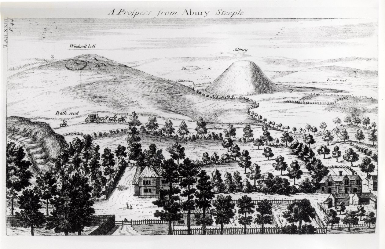 Kilátás a Silbury Hill Avebury tornyából, illusztráció a "Stonehenge: a brit druidáknak visszaállított templom" című művéből, William Stukeley, 1740 alkotó: William Stukeley