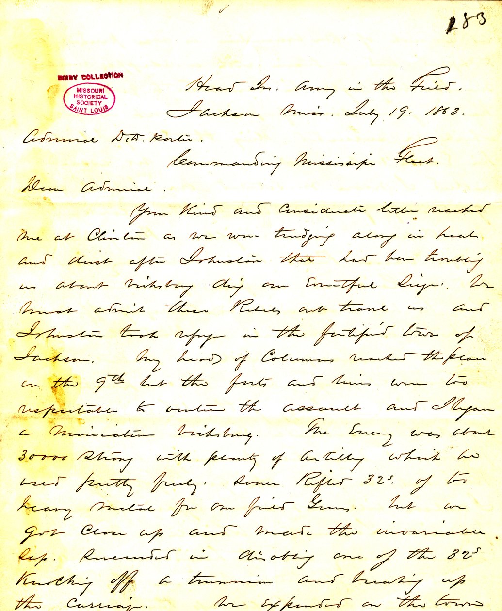 W. T. Sherman levele, Army, in the Field, Jackson, Mississippi, [David D.] Porterhez, 1863. július 19. alkotó: William T. Sherman
