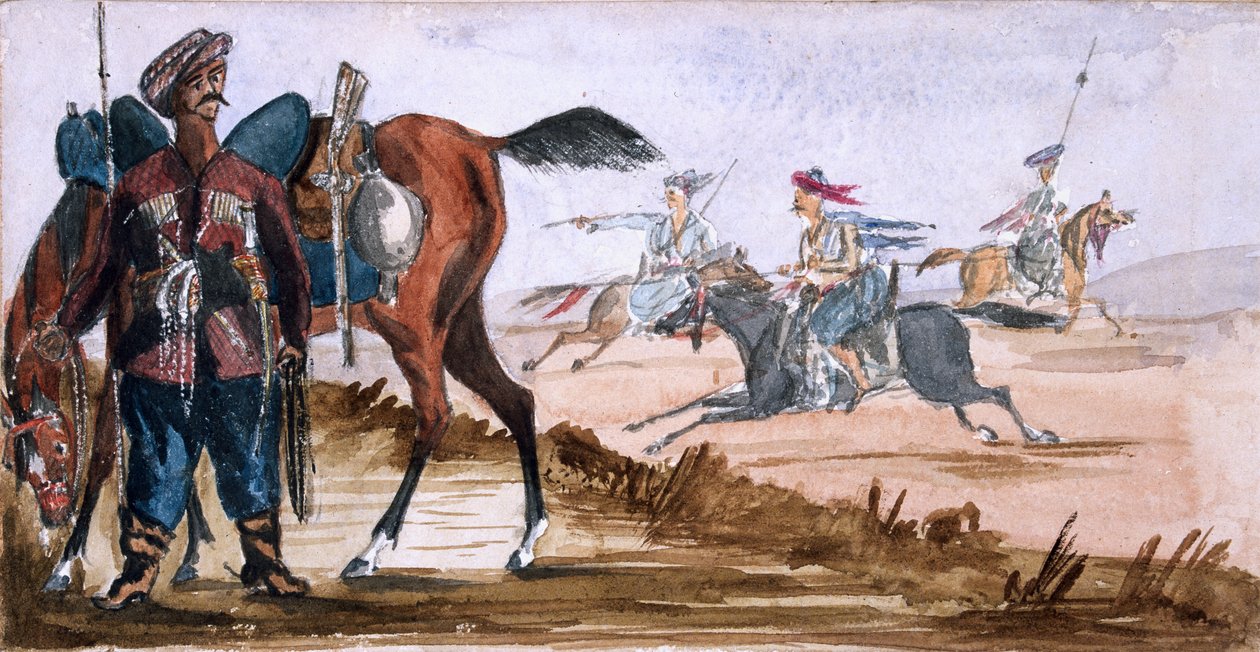 ?A cserkeszi Bashi Bazouk és mások edzés közben a háttérben? alkotó: William Thomas Markham
