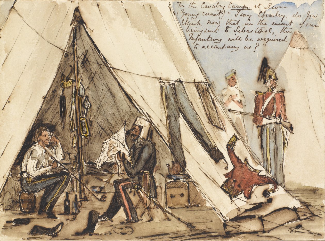 A devnai lovassági táborban (Young Cornet) ?Mondom Charley, most azt gondolod, hogy abban az esetben, ha Sebastopolba küldünk, a gyalogságnak el kell kísérnie minket?, 1854 körül (toll, tinta és wc) alkotó: William Thomas Markham