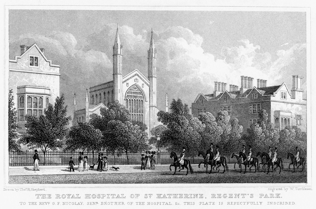 A St Katherine Királyi Kórház, Regents Park, London, 1827. alkotó: William Tombleson