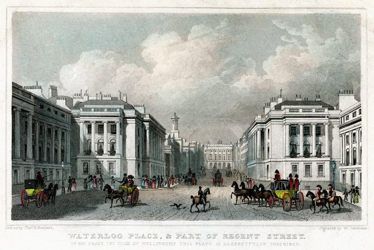 Waterloo Place és a Regent Street egy része, Westminster, London, 1828. alkotó: William Tombleson