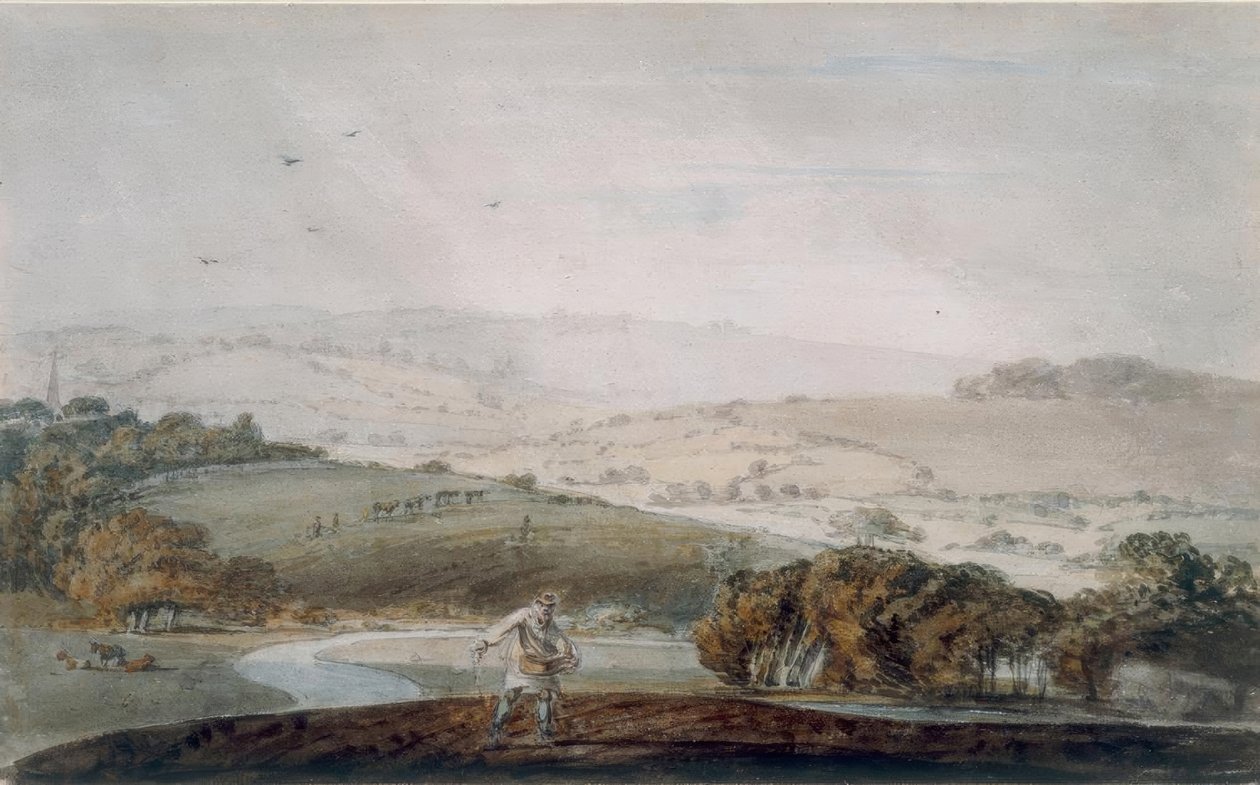 Egy farmer vetés, egy folyó völgye és a dombokon túl alkotó: Joseph Mallord William Turner