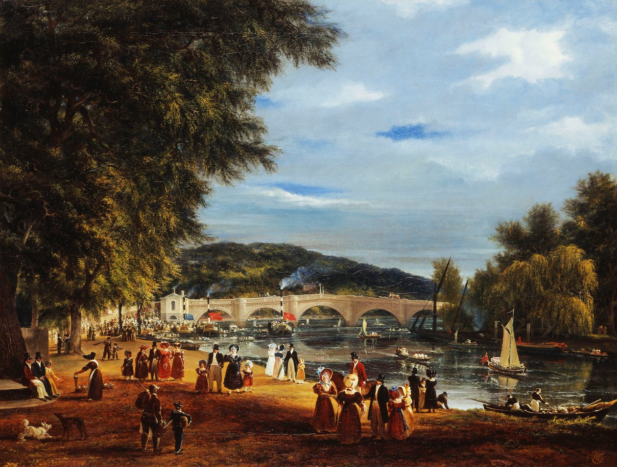 Kilátás a Richmond-hídra, csónakokkal a folyón és sétáló alakokkal, alkotó: Joseph Mallord William Turner