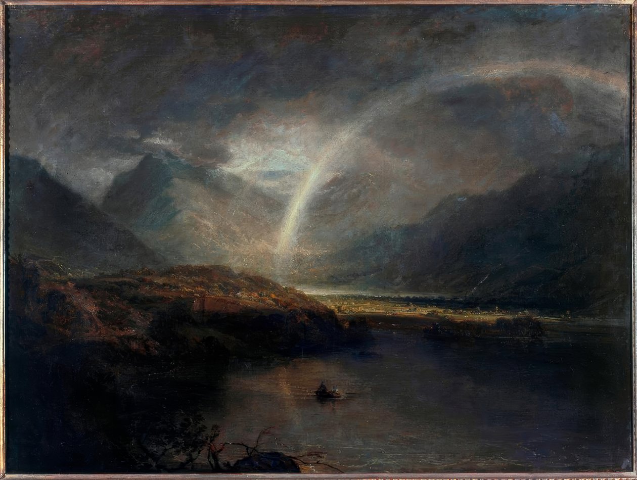 Buttermere-tó, Cromackwater egy részével, Cumberland, zuhanyzóval alkotó: Joseph Mallord William Turner