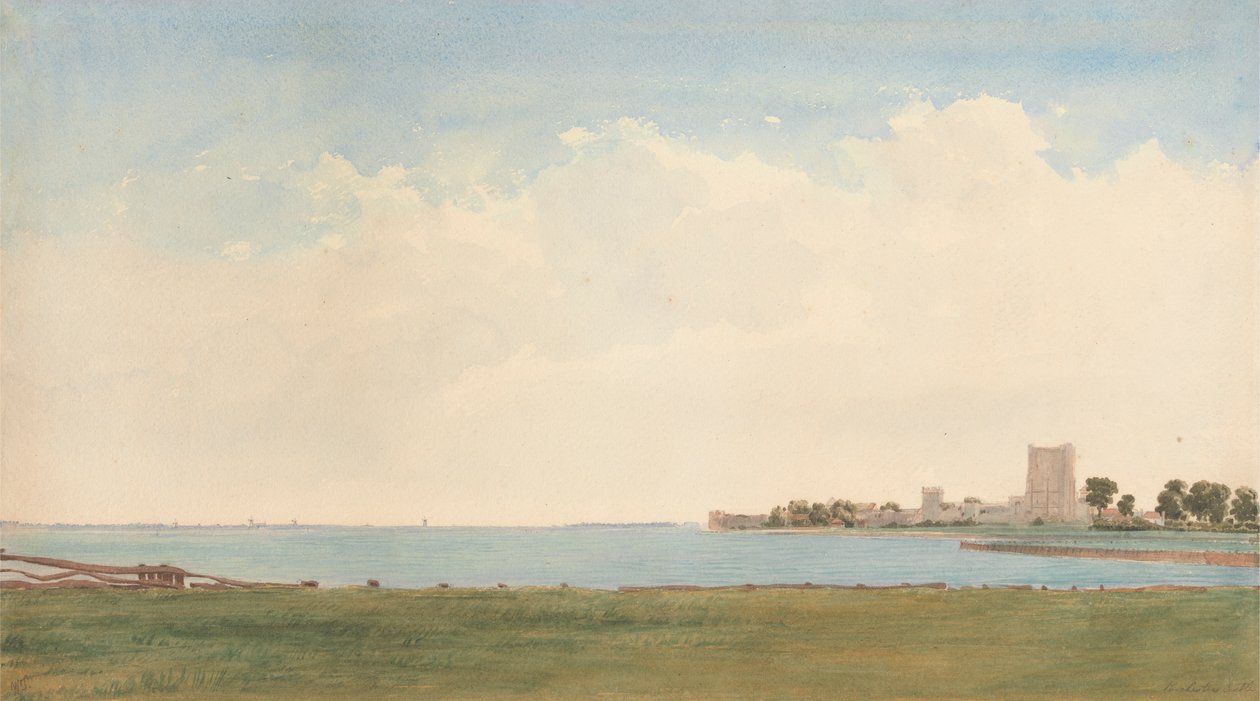 Portchester kastély: Kilátás a Portchester Village-ből a vízen át Portsmouthba alkotó: William Turner of Oxford