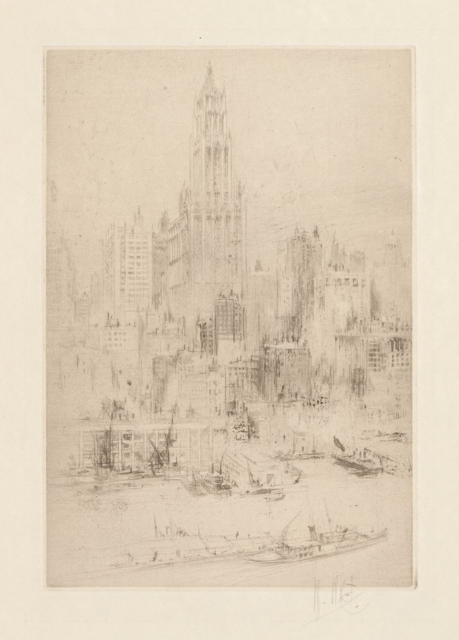 Manhattan belvárosa az East River felől, a Woolworth épülettel alkotó: William Walcot