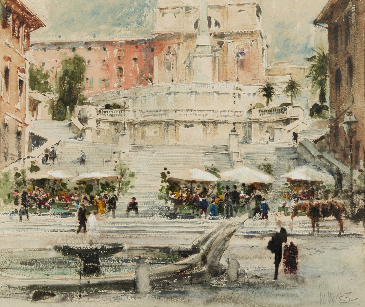 Róma: Piazza di Spagna, 1909 (ceruza, ecset, tinta, wc és gouache papíron) alkotó: William Walcot
