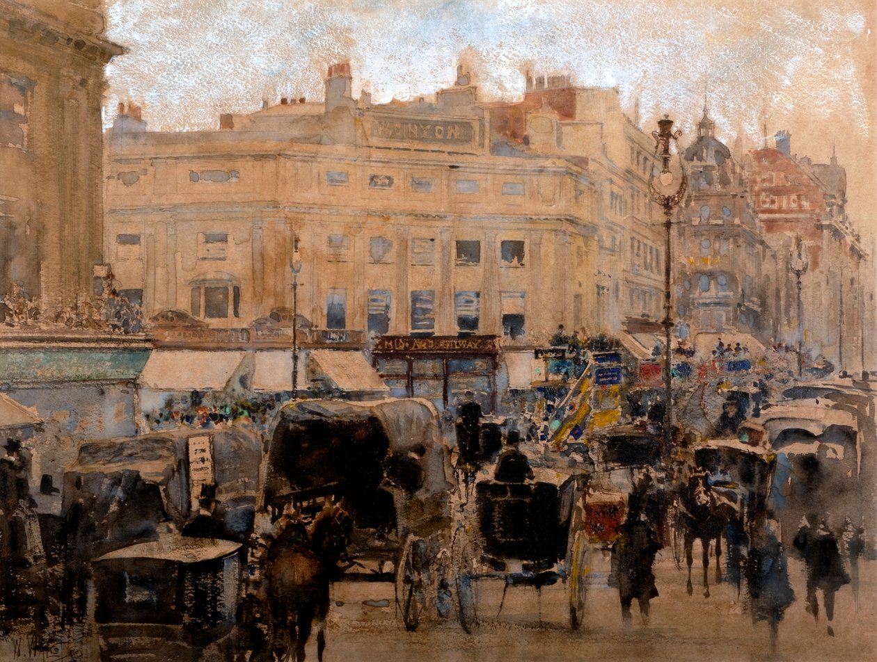 Rush Hour, Oxford Circus (akvarell, lakk és testfesték, színezett papír) alkotó: William Walcot