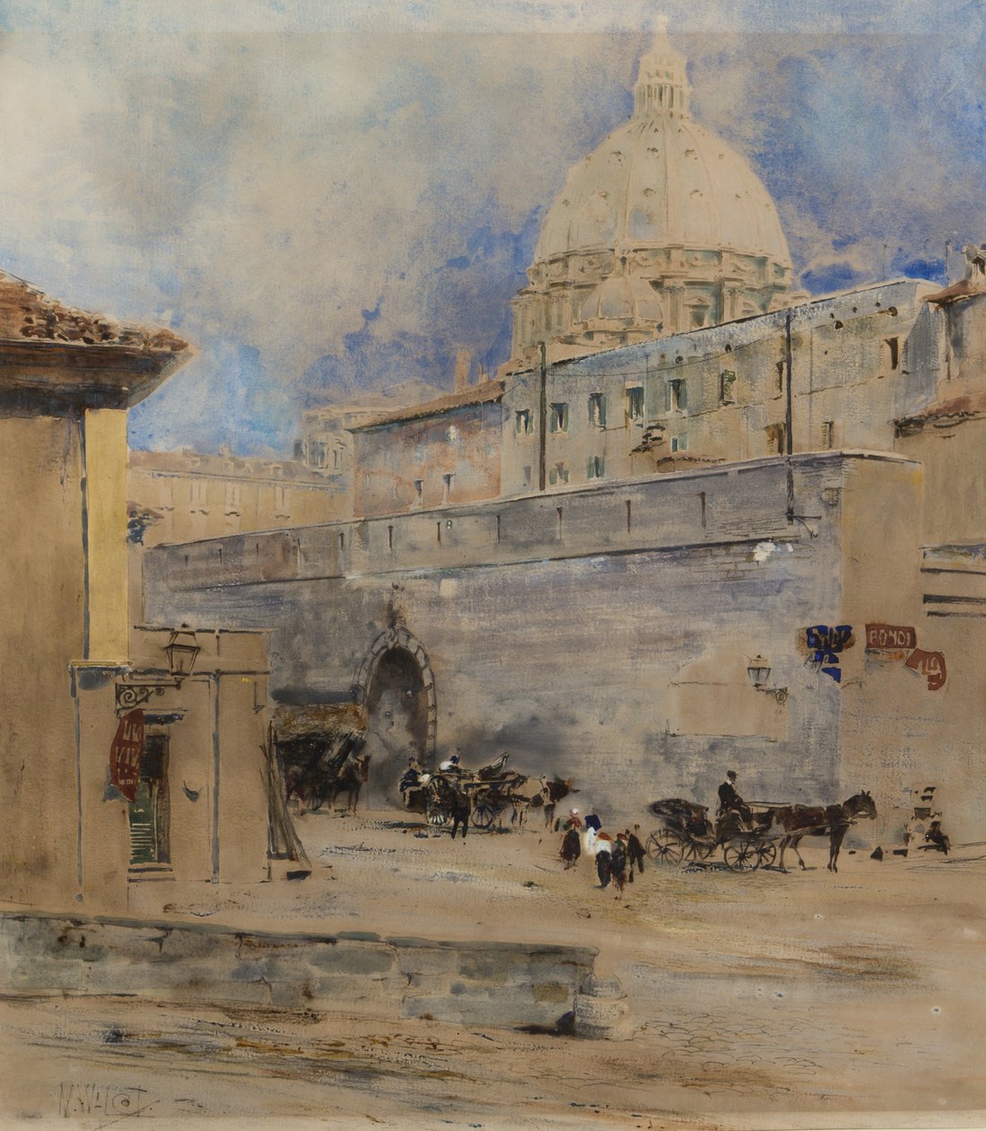 Vatikán: Szent Hivatal és Szent Péter-dóm, Róma (toll, ecset, wc, tinta és gouache papíron) alkotó: William Walcot