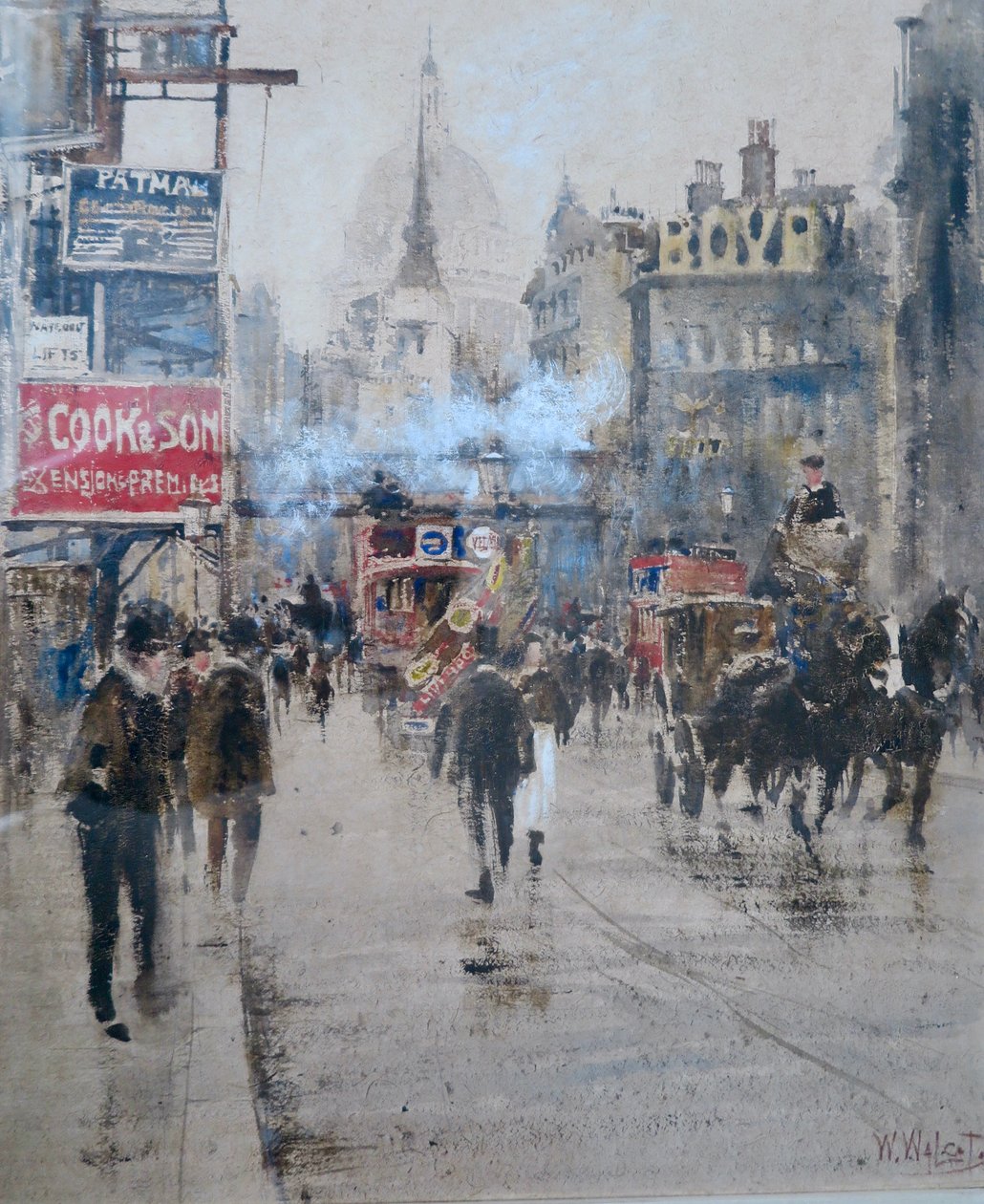 Fleet Street és a Ludgate Hill viadukt egy elhaladó vonat füstjével, 1910 körül (akvarell) alkotó: William Walcott