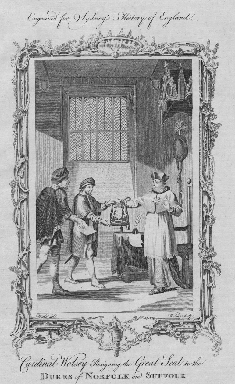 Wolsey bíboros lemond Norfolk és Suffolk hercegeinek nagy pecsétjéről, 1773. alkotó: William Walker