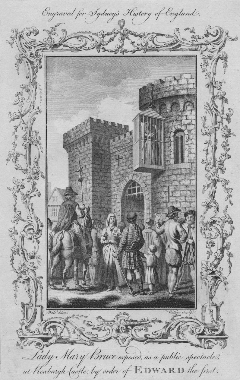 Lady Mary Bruce nyilvános látványosságként tette ki a Roxburgh-i kastélyban I. Edward parancsára, 1773-ban. alkotó: William Walker