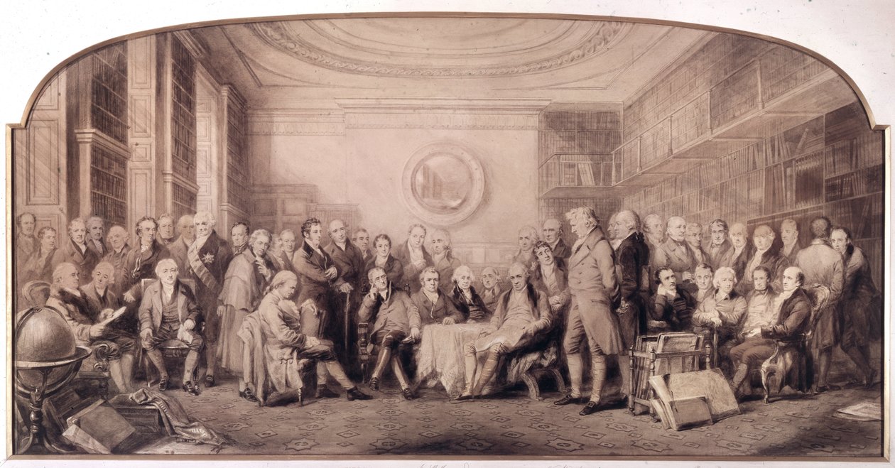 A tudomány jeles emberei 1807-1808-ban. Találkozó az angliai Királyi Tudományos Intézet könyvtárában. William Walker és Sir John Gilbert (1817 - 1897) metszet - A tudomány kiváló emberei, akik 1807-ben éltek - A tudomány kiváló emberei alkotó: William Walker