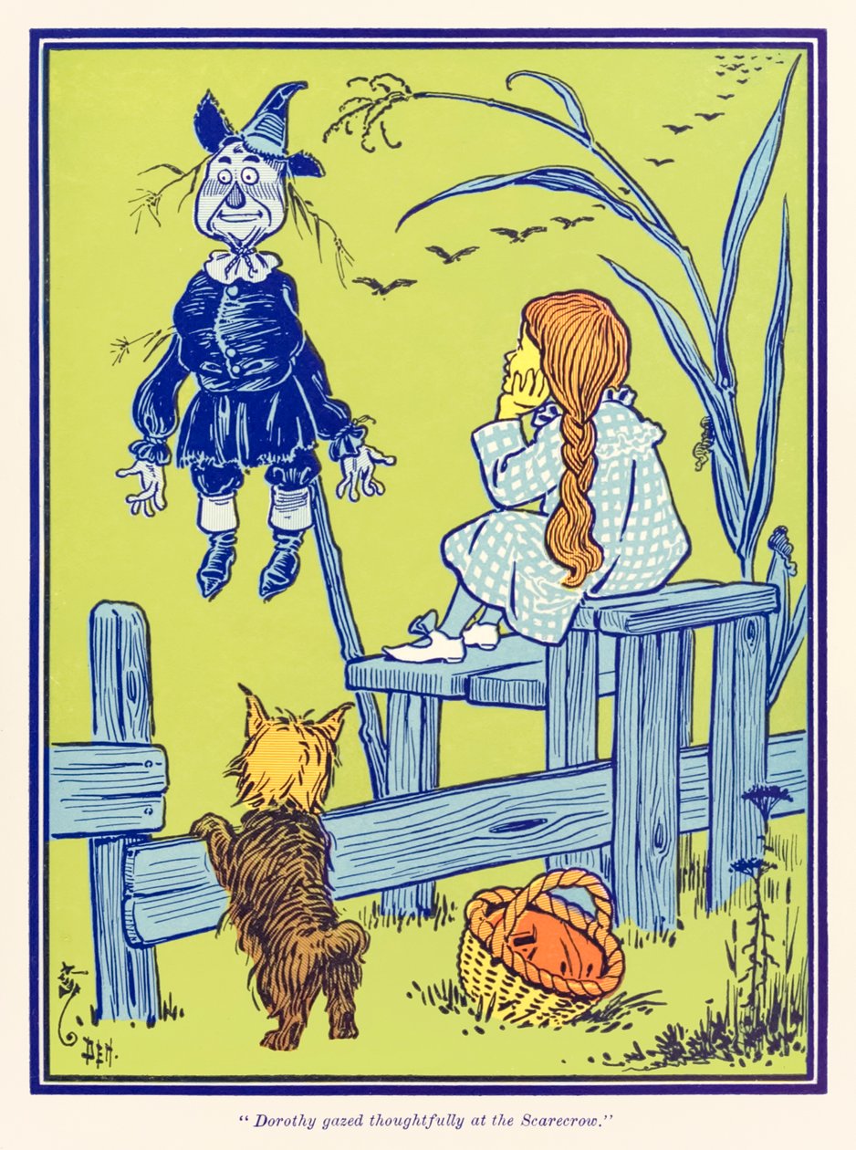 Dorothy elgondolkodva nézett a Madárijesztőre. a ?Óz csodálatos varázslója? L. Frank Baum alkotó: William Wallace Denslow