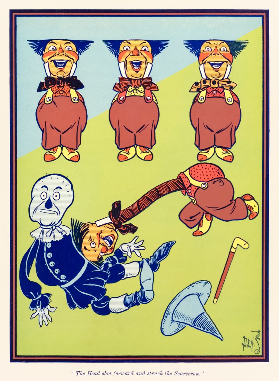 „A fej előrelőtt, és eltalálta a Madárijesztőt.” L. Frank Baum „Óz csodálatos varázslójából” alkotó: William Wallace Denslow