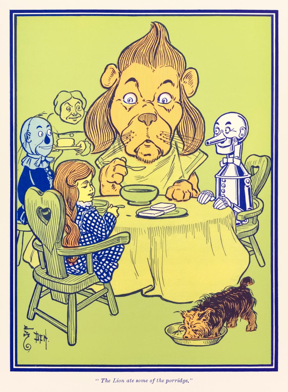 „Az oroszlán megevett a zabkását.” L. Frank Baum „Óz csodálatos varázslója” című részéből alkotó: William Wallace Denslow