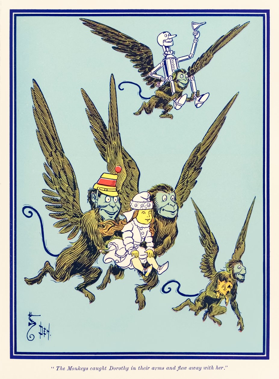 A majmok karjaikba kapták Dorothyt, és elrepültek vele. L. Frank Baum Az Óz, a csodálatos varázsló című regényéből. alkotó: William Wallace Denslow