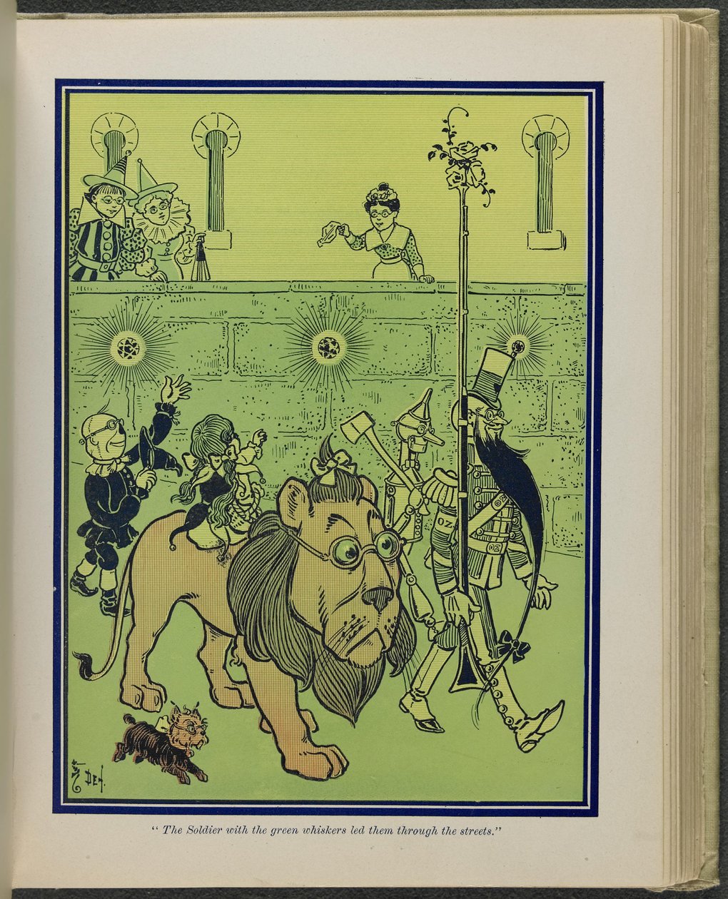 "A zöld bajuszos katona vezette őket az utcákon", illusztráció Lyman Frank Baum "Óz, a csodálatos varázsló" című művéből. alkotó: William Wallace Denslow