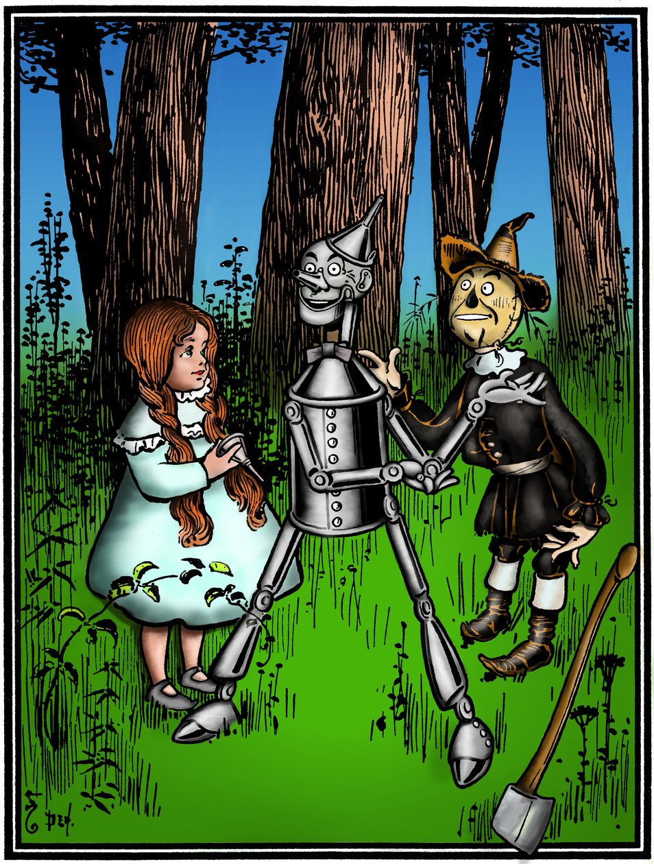 Az Óz varázslója: Denslow, William Wallace (1856-1919) rajza Frank Baum (1856-1919) könyvének első kiadásához 1900-ban – Dorothee (Dorothy) a madárijesztő segítségével segített a bádog favágónak – alkotó: William Wallace Denslow