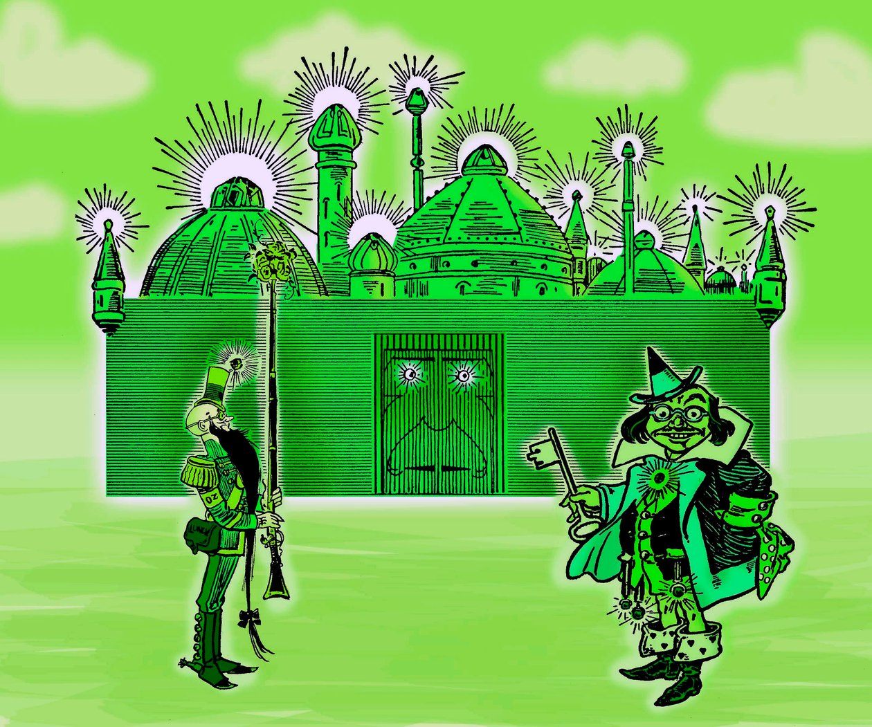 The Wonderful Wizard of Oz - The Wizard of Oz: Denslow, William Wallace (1856-1915) három képének szerkesztése Frank Baum (1856-1919) - A smaragdváros és két őrzője - könyvének 1900-as első kiadásához - zöld szín , zöld - Smaragdváros - alkotó: William Wallace Denslow