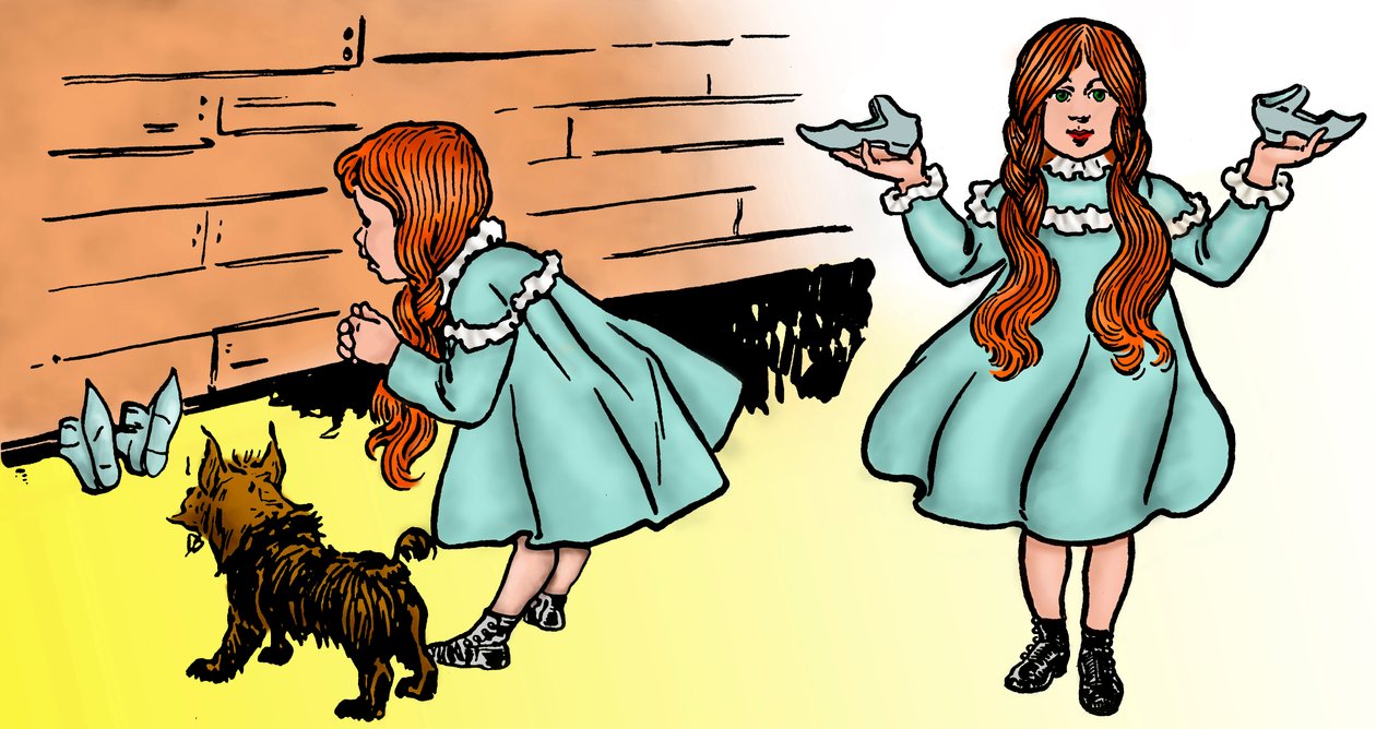 The Wonderful Wizard of Oz - The Wizard of Oz: William Wallace (1856-1915) Denslow két képét szerkesztette Frank Baum (1856-1919) című könyvének első kiadásához, 1900-ban - Dorothee (Dorothy), Toto kutyájával. , helyreállítja a varázslatos ezüst sho alkotó: William Wallace Denslow