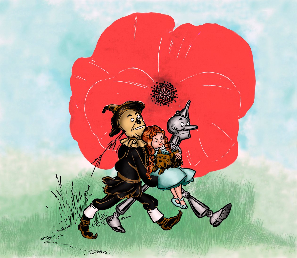 The Wonderful Wizard of Oz – The Wizard of Oz: Denslow, William Wallace (1856-1915) rajza Frank Baum (1856-1919) könyvének egyik első kiadásához – Dorothee (Dorothy) és kutyája, Toto messze vannak a halálos pipacsmező a madárijesztő mellett és t alkotó: William Wallace Denslow