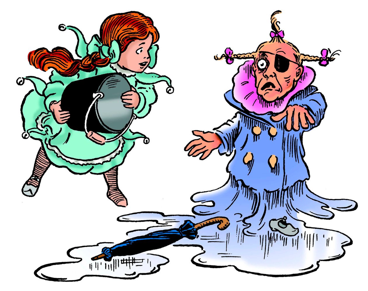 The Wonderful Wizard of Oz – The Wizard of Oz: Denslow rajza, William Wallace (1856-1915) Frank Baum (1856-1919) könyvének első 1900-as kiadásához rájön: Dorothee (Dorothy) megolvasztja a csúnya nyugat boszorkányát rádobok egy vödör vizet - alkotó: William Wallace Denslow