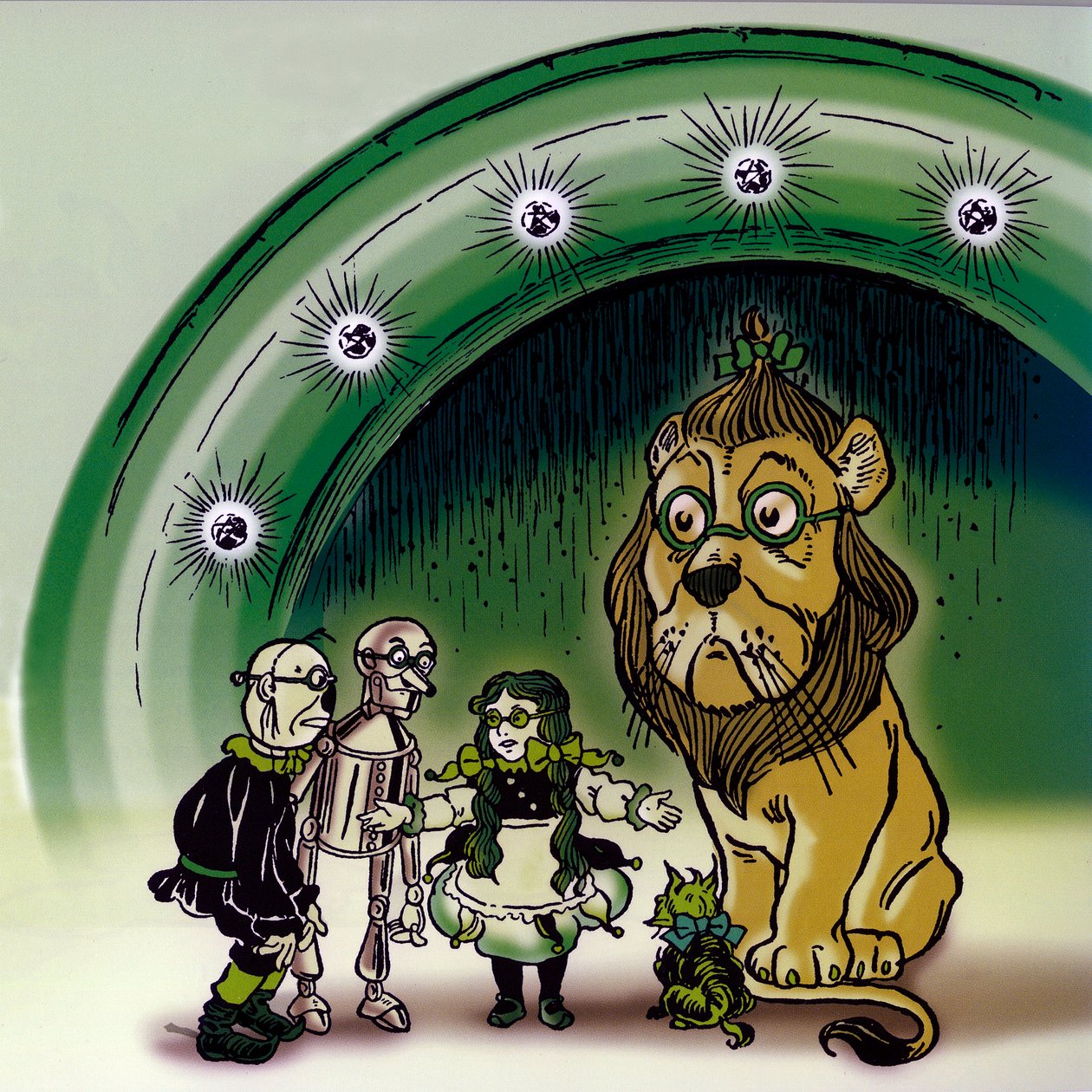 The Wonderful Wizard of Oz – The Wizard of Oz: Denslow, William Wallace (1856-1915) rajza Frank Baum (1856-1919) könyvének egyik első kiadásához – A smaragdvárosi palota előtt Dorothee (Dorothy) és barátai, a kutya Toto, az ijedtség alkotó: William Wallace Denslow