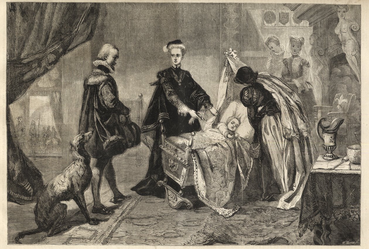 Mária királynő kilép a Stirling kastélyból – Marie Stuart (Skóciai Marie I) fia bölcsője előtt (Jacques Stuart, Jacques VI és én) alkotó: William Ward