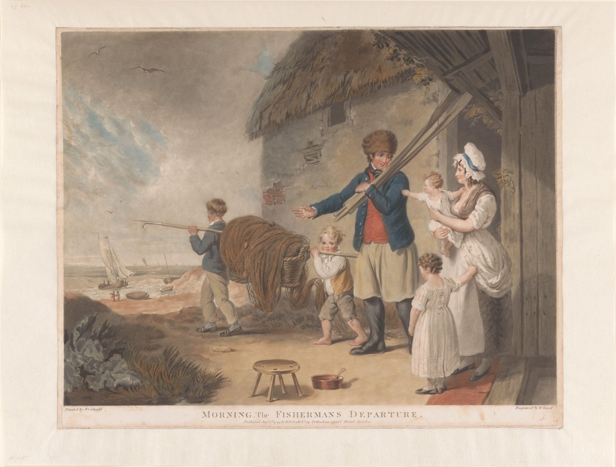 Visser elbúcsúzik a családjától, hogy munkába álljon Reggel, A halász indulása (cím a tárgyon) alkotó: William Ward